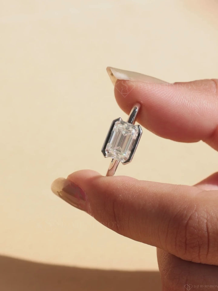 3.0CT-4.0CT East West Emerald Cut Moissanite Diamond Half Bezel Engagement Ring