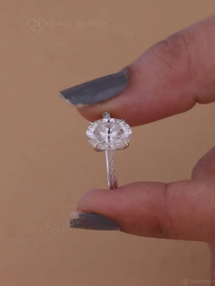 2.0CT-3.0CT Oval Cut Moissanite Vintage Milgrain Pave Diamond Engagement Ring