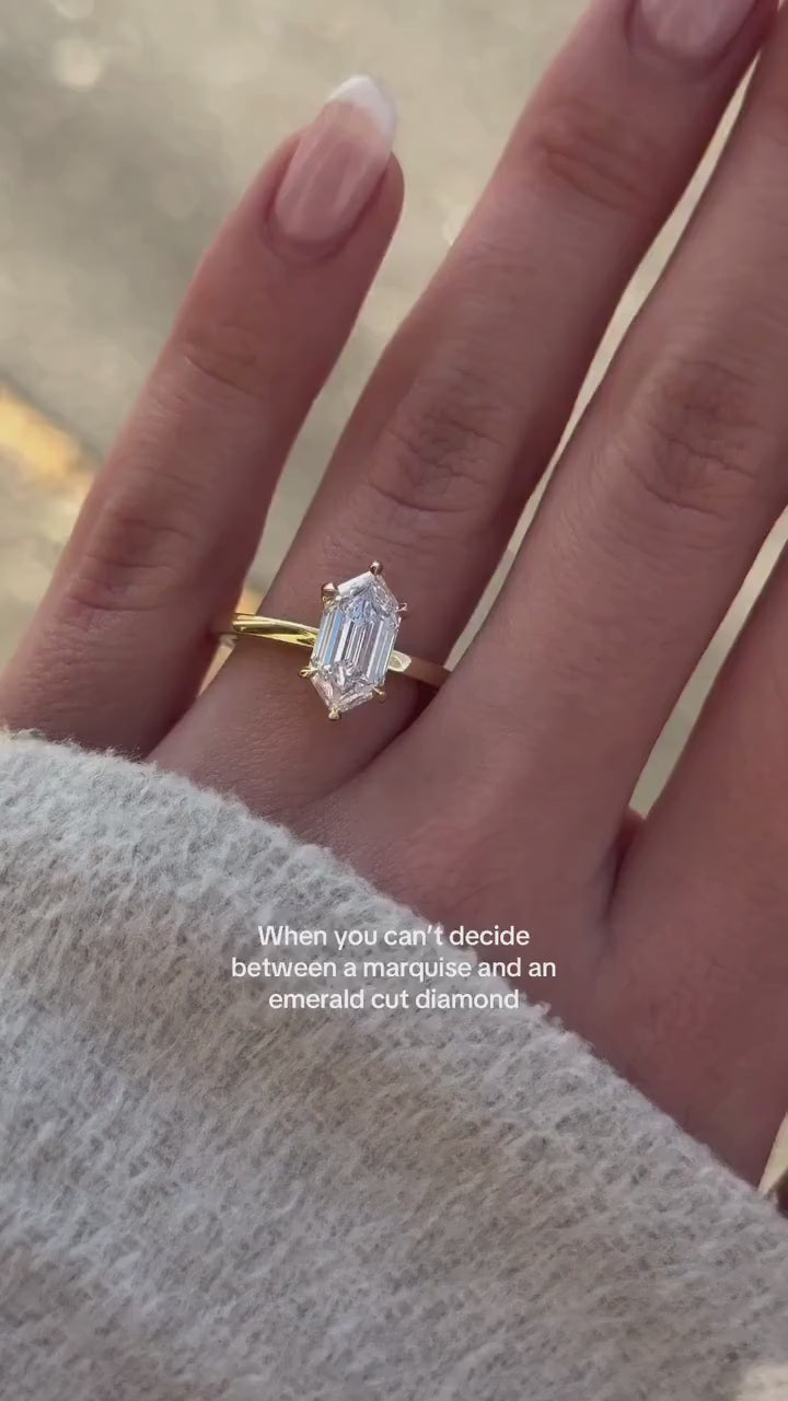 2.50CT-3.50CT Elongated Hexagon Cut Moissanite Hidden Halo Diamond Engagement Ring