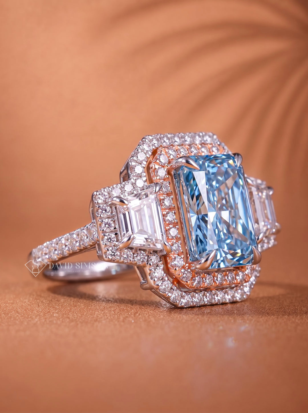 2.0CT Cyan Blue Radiant Cut Lab Grown Diamond Three Stone Engagement Ring