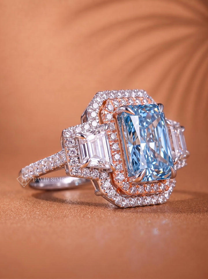 2.0CT Cyan Blue Radiant Cut Lab Grown Diamond Three Stone Engagement Ring