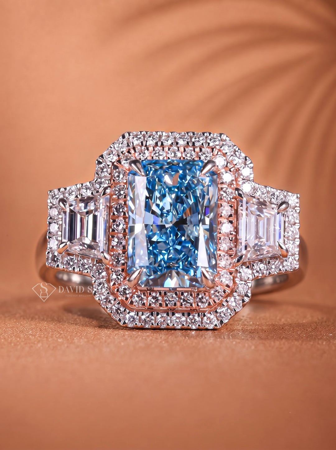 2.0CT Cyan Blue Radiant Cut Lab Grown Diamond Three Stone Engagement Ring