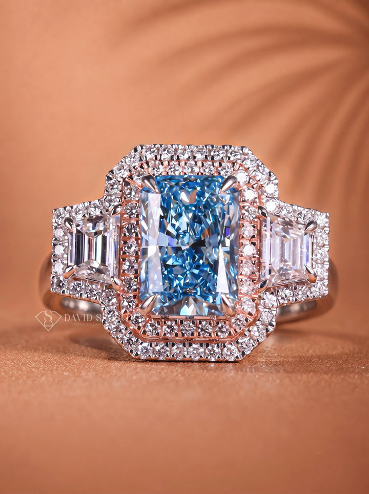 2.0CT Cyan Blue Radiant Cut Lab Grown Diamond Three Stone Engagement Ring