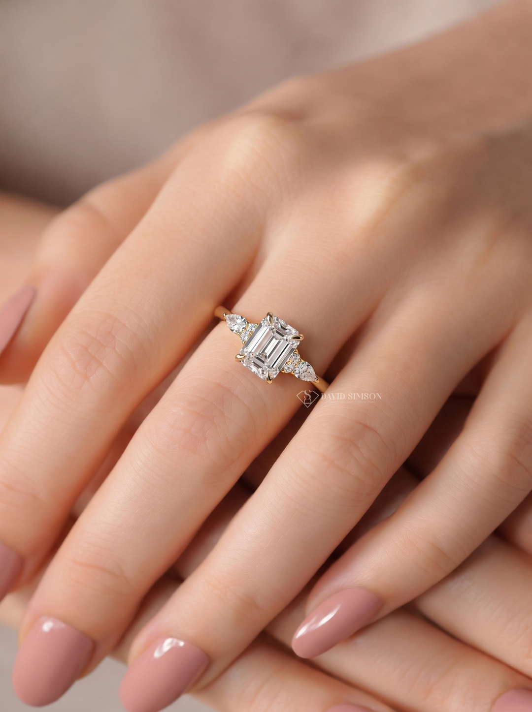 2.0CT to 3.0CT Emerald Cut Lab Grown Diamond Pear Side Stone Cluster Engagement Ring
