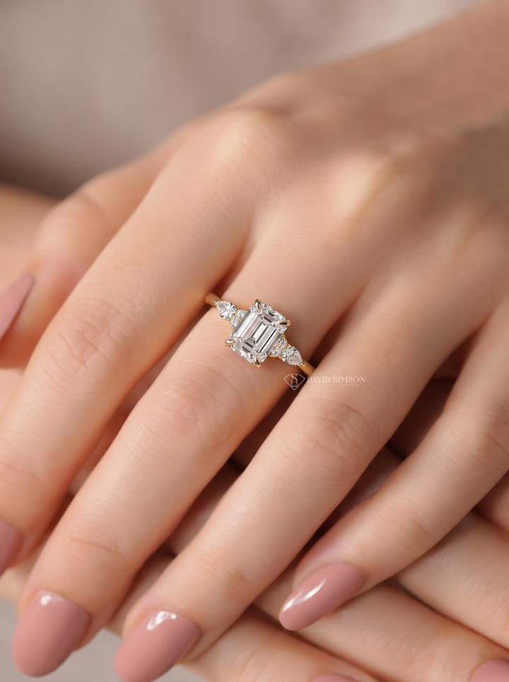 2.0CT to 3.0CT Emerald Cut Lab Grown Diamond Pear Side Stone Cluster Engagement Ring