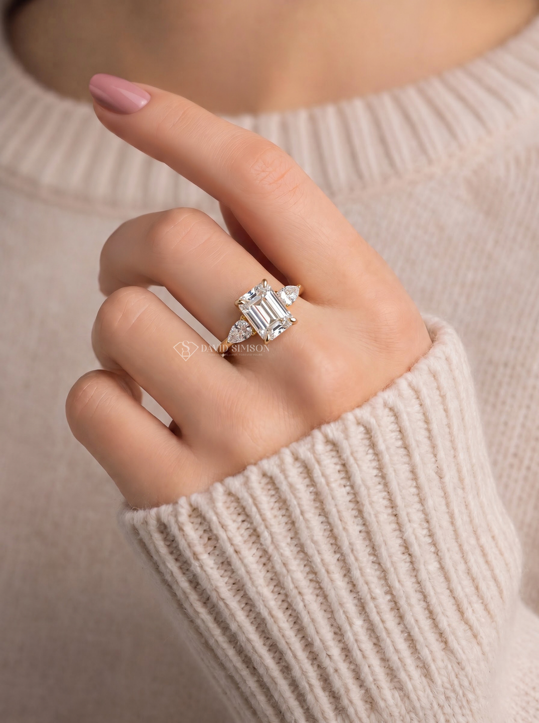2.0CT to 3.0CT Emerald Cut Lab Grown Diamond Pear Side Stone Cluster Engagement Ring