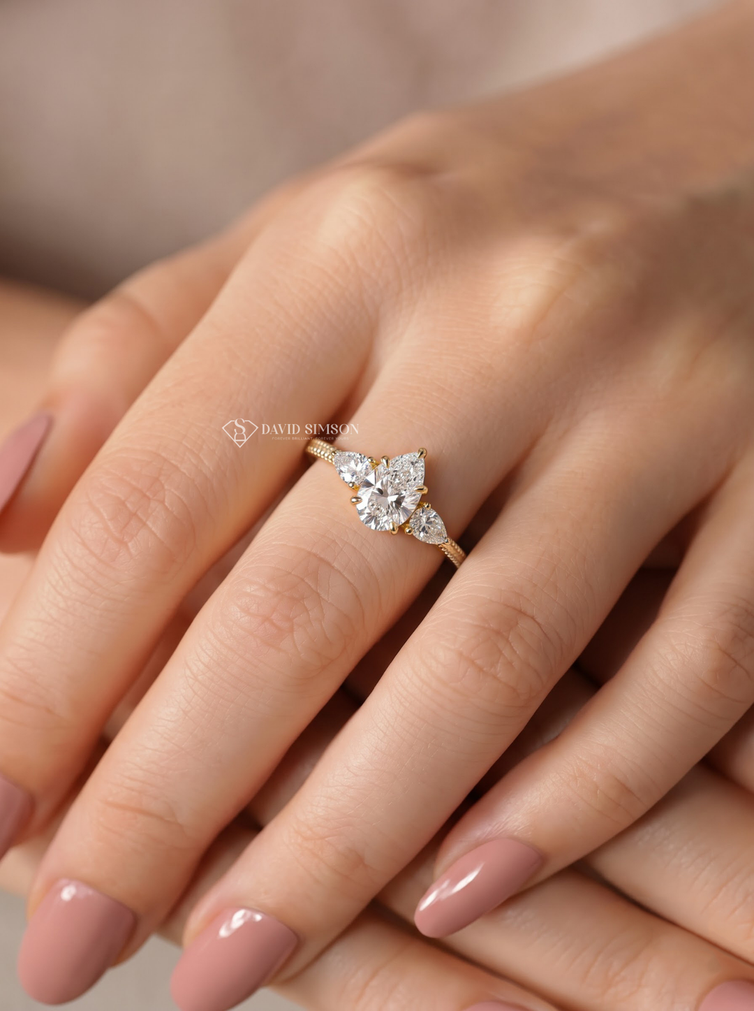 2.0CT to 3.0CT Pear Three Stone Pave Lab Grown Diamond Engagement Ring For Her