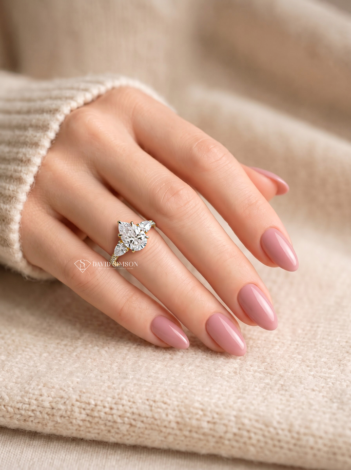 2.0CT to 3.0CT Pear Three Stone Pave Lab Grown Diamond Engagement Ring For Her