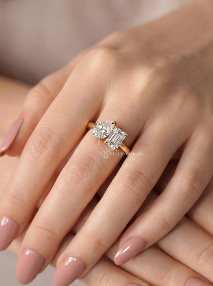 Pear &amp; Emerald Cut Lab Grown Diamond Toi Et Moi Engagement Ring