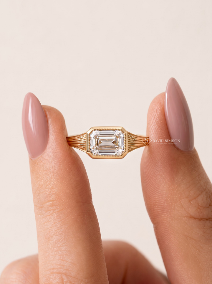 2.0CT to 3.0CT East West Emerald Cut Lab Grown Diamond Milgrain Bezel Engagement Ring