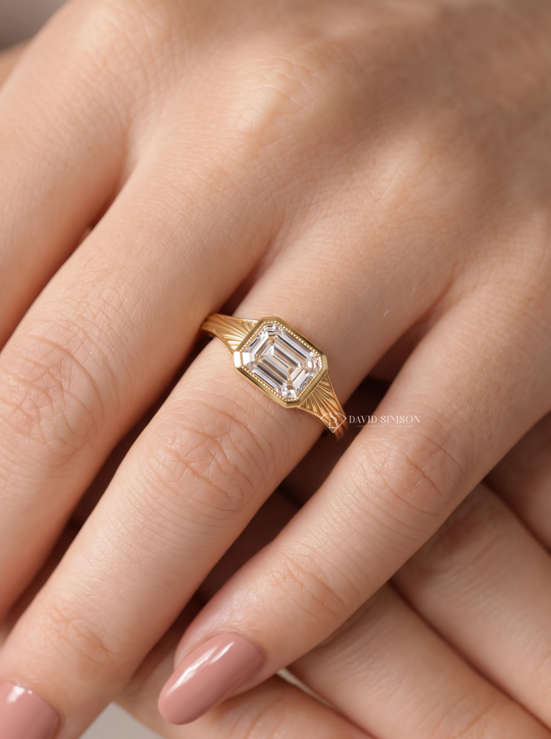 2.0CT to 3.0CT East West Emerald Cut Lab Grown Diamond Milgrain Bezel Engagement Ring