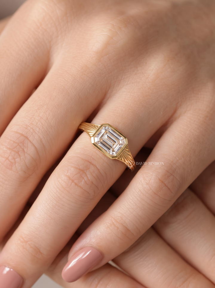 2.0CT to 3.0CT East West Emerald Cut Lab Grown Diamond Milgrain Bezel Engagement Ring