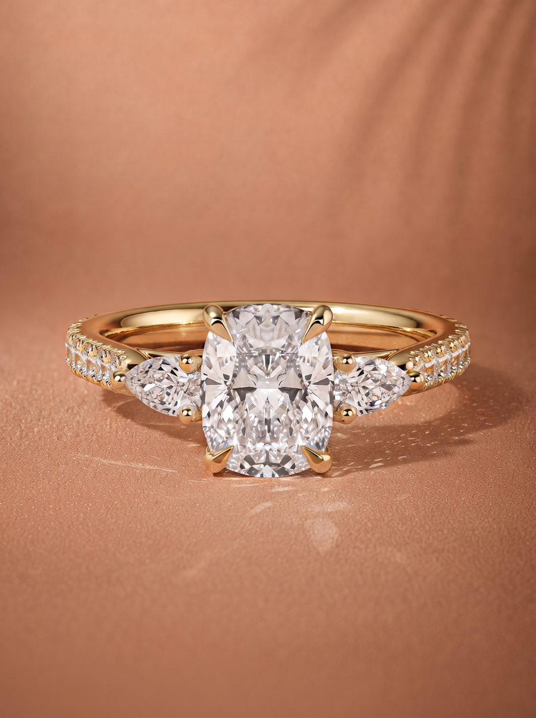 2.0CT to 3.0CT Cushion Lab Grown Diamond Three Stone Pave Engagement Ring