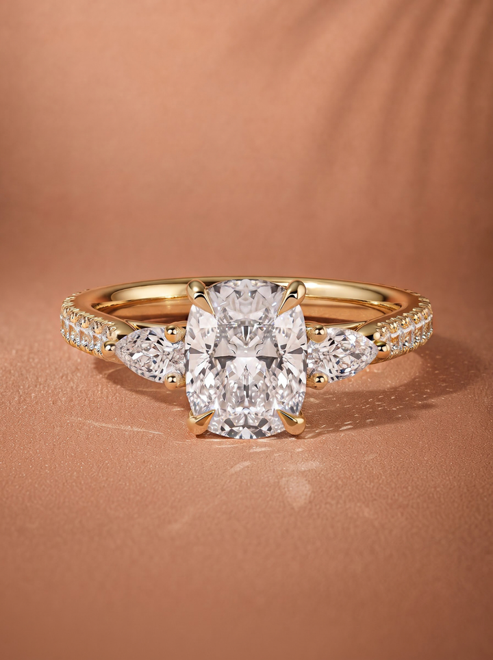 2.0CT to 3.0CT Cushion Lab Grown Diamond Three Stone Pave Engagement Ring