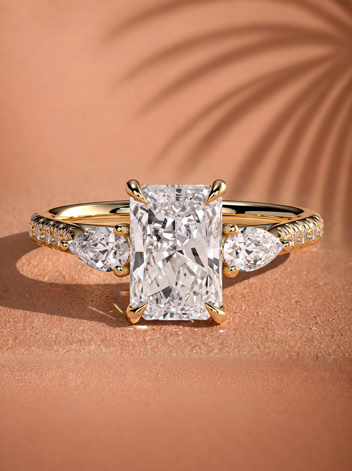 2.0CT to 3.0CT Radiant Lab Grown Diamond Three Stone Pave Engagement Ring