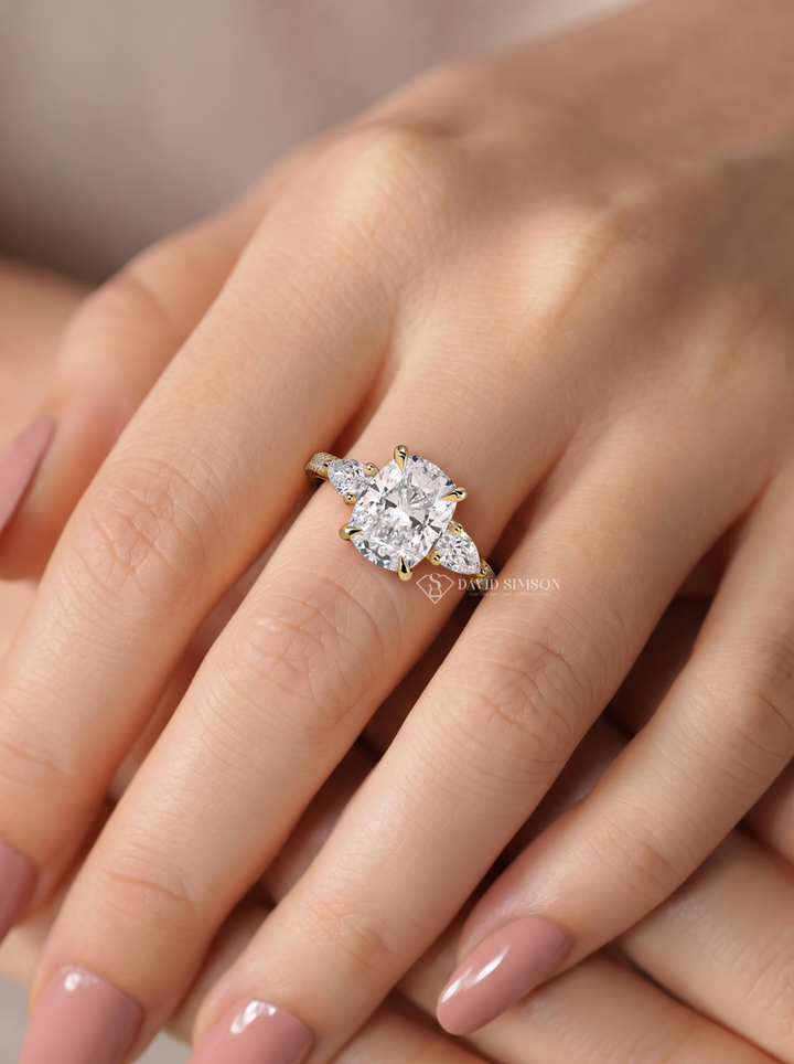 2.0CT to 3.0CT Cushion Lab Grown Diamond Three Stone Pave Engagement Ring