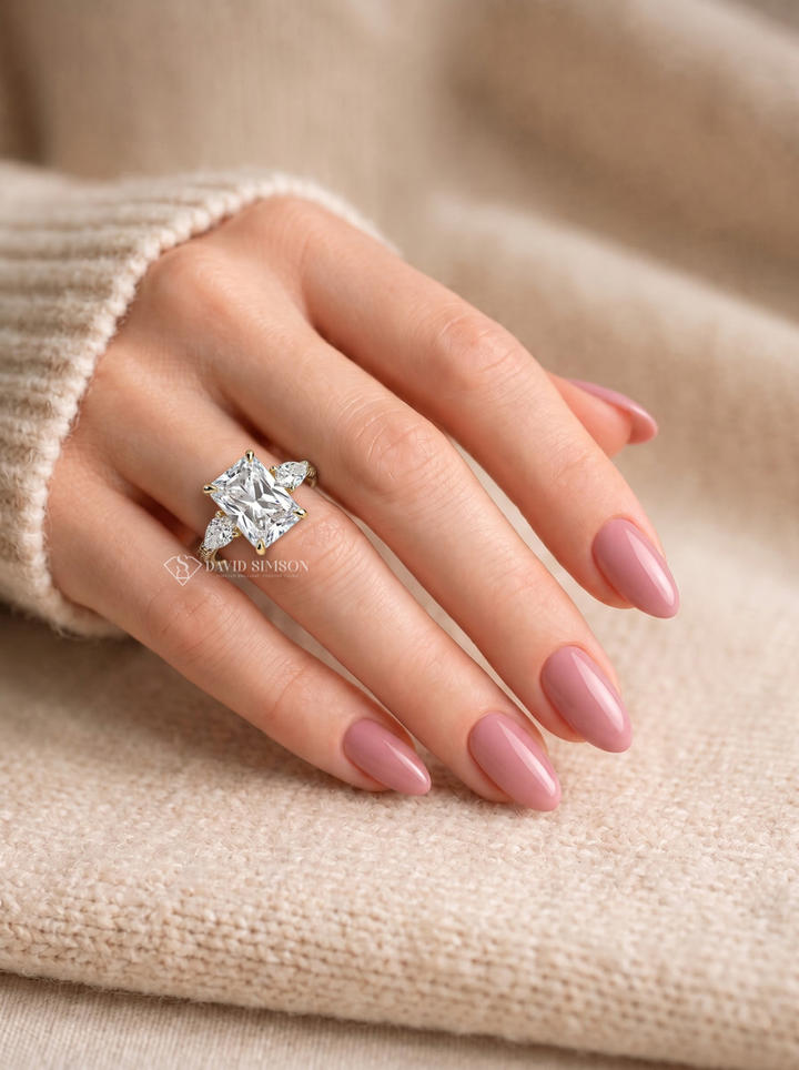 2.0CT to 3.0CT Radiant Lab Grown Diamond Three Stone Pave Engagement Ring