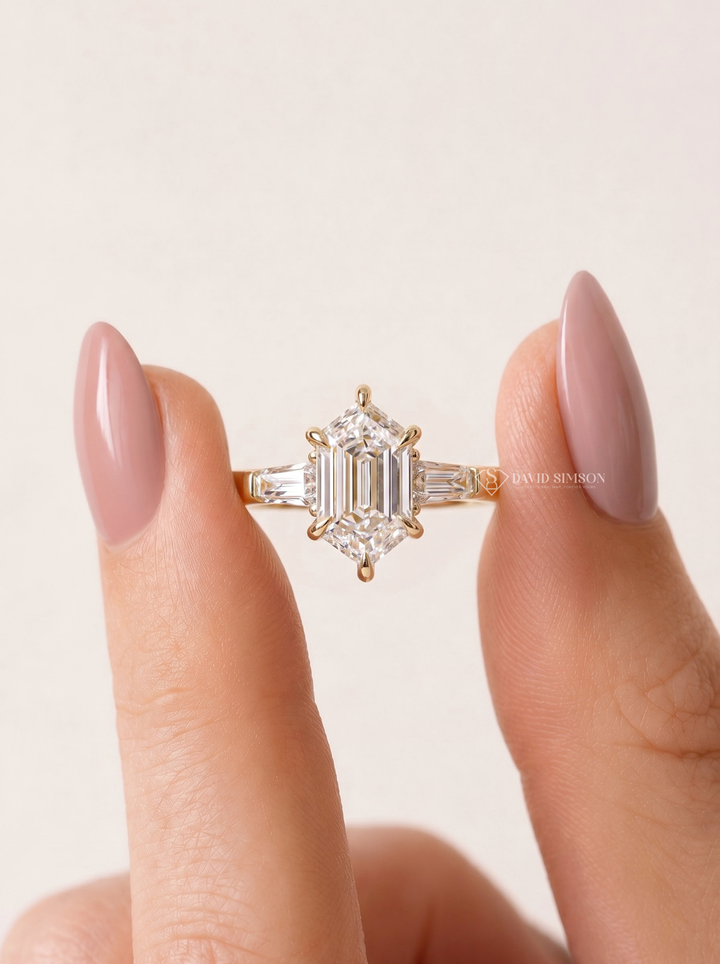 2.0CT to 3.0CT Elongated Hexagon Lab Grown Diamond Three Stone Engagement Ring