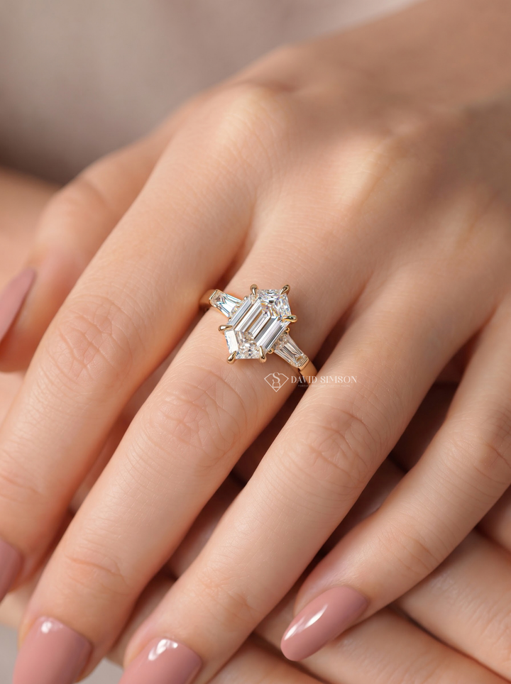 2.0CT to 3.0CT Elongated Hexagon Lab Grown Diamond Three Stone Engagement Ring