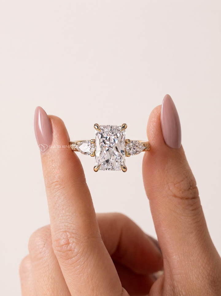 2.0CT to 3.0CT Radiant Lab Grown Diamond Three Stone Pave Engagement Ring