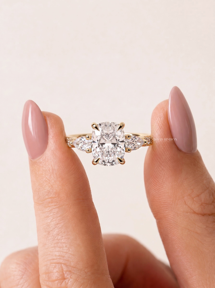 2.0CT to 3.0CT Cushion Lab Grown Diamond Three Stone Pave Engagement Ring