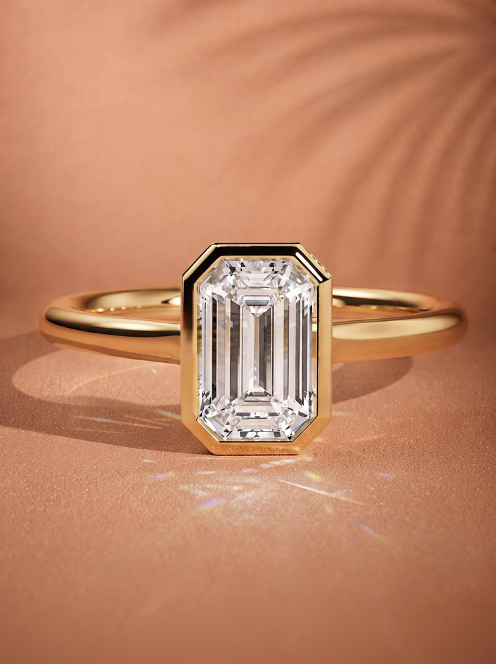 2.0CT–3.0CT Emerald Cut Lab Grown Diamond Bezel Engagement Ring