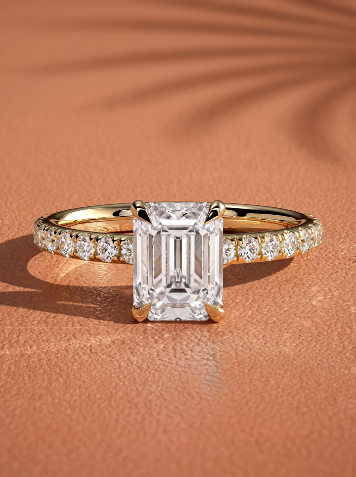 2.0CT to 3.0CT Emerald Cut Lab Grown Diamond Hidden Halo Pave Engagement Ring
