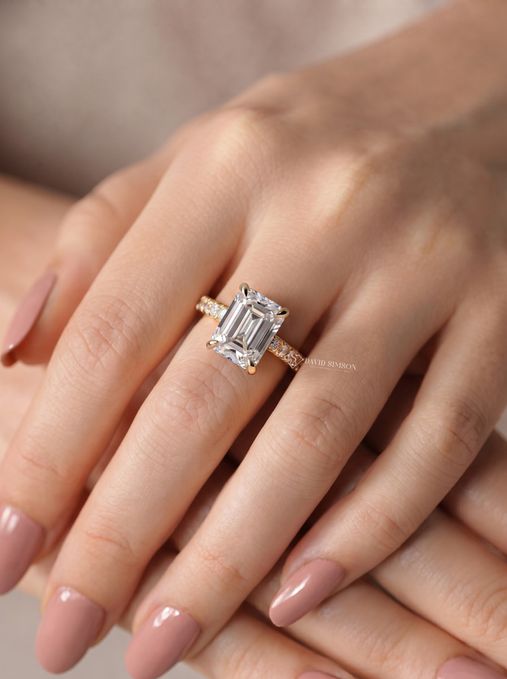 2.0CT to 3.0CT Emerald Cut Lab Grown Diamond Hidden Halo Pave Engagement Ring