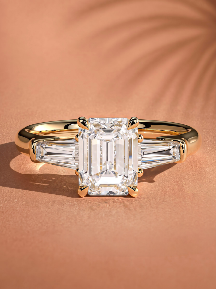 2.0CT to 3.0CT Emerald Cut Lab Grown Diamond Tapered Baguette Three Stone Engagement Ring