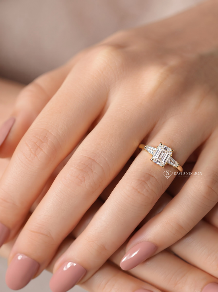 2.0CT to 3.0CT Emerald Cut Lab Grown Diamond Tapered Baguette Three Stone Engagement Ring
