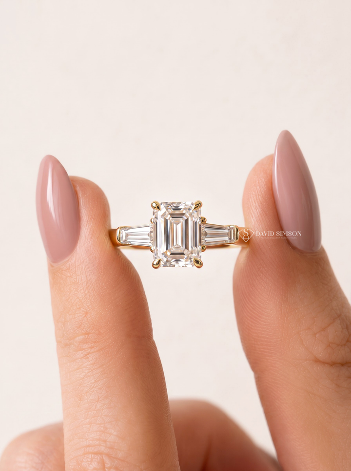 2.0CT to 3.0CT Emerald Cut Lab Grown Diamond Tapered Baguette Three Stone Engagement Ring