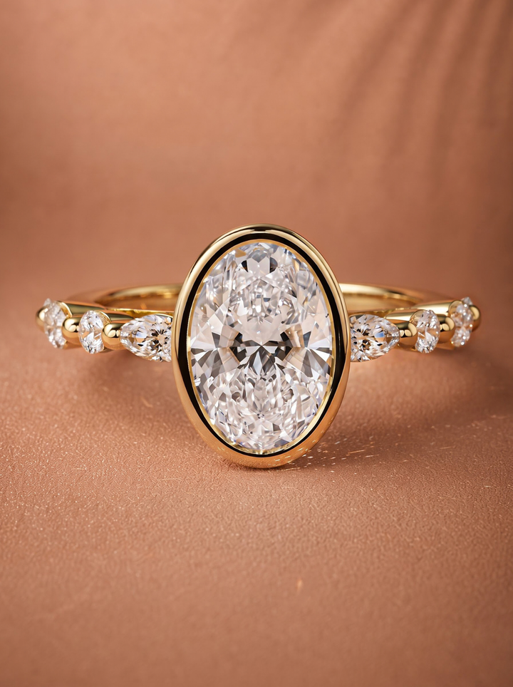 2.0CT to 3.0CT Oval Lab Grown Diamond Bezel Set Accent Pave Engagement Ring