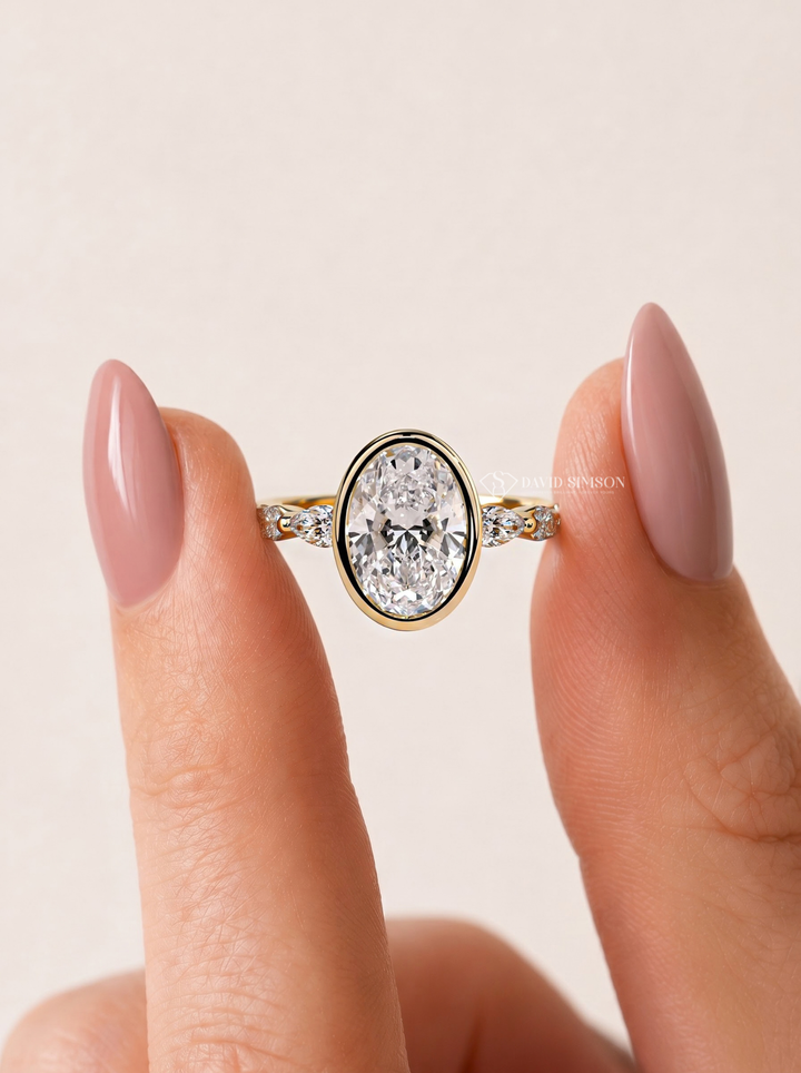 2.0CT to 3.0CT Oval Lab Grown Diamond Bezel Set Accent Pave Engagement Ring
