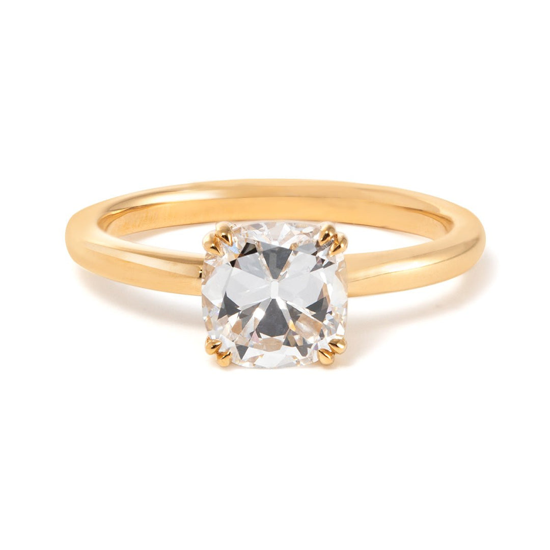 andlelight glow diamond, luxury solitaire ring, custom engagement ring, 2 carat cushion diamond, 3 carat cushion diamond, double prong setting, vintage cushion cut, old world charm ring, period style jewelry, conflict free diamond
