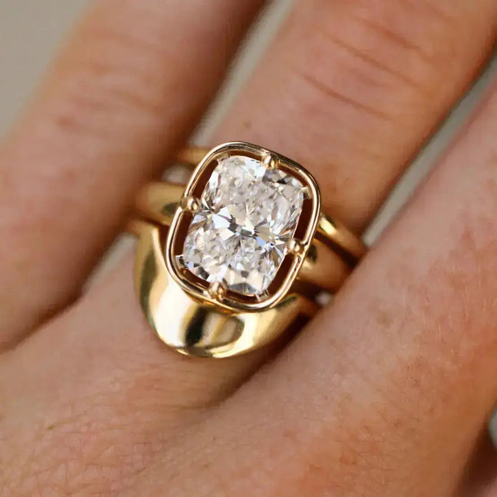 Close-up of cushion cut lab-grown diamond solitaire engagement ring