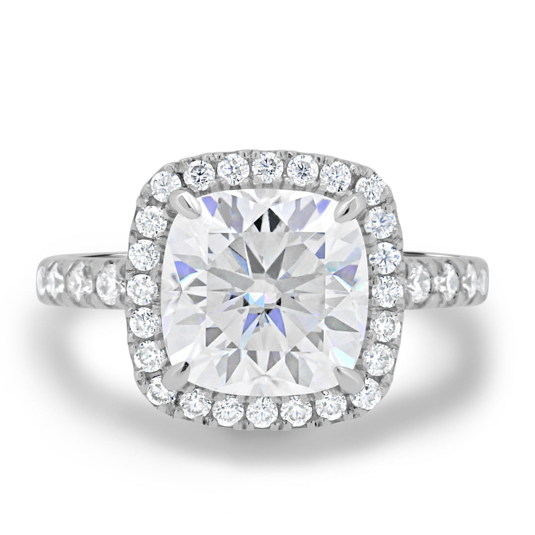 2.50CT Cushion Cut Halo Moissanite Engagement Ring in 14K White Gold