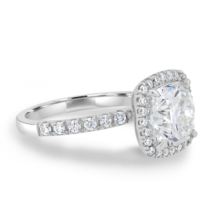 2.50CT Cushion Cut Halo Moissanite Engagement Ring in 14K White Gold