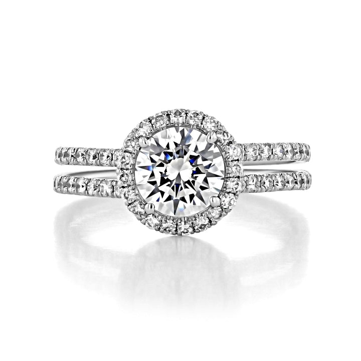 1.28ct Round Cut Halo Double Shank Moissanite Engagement Ring