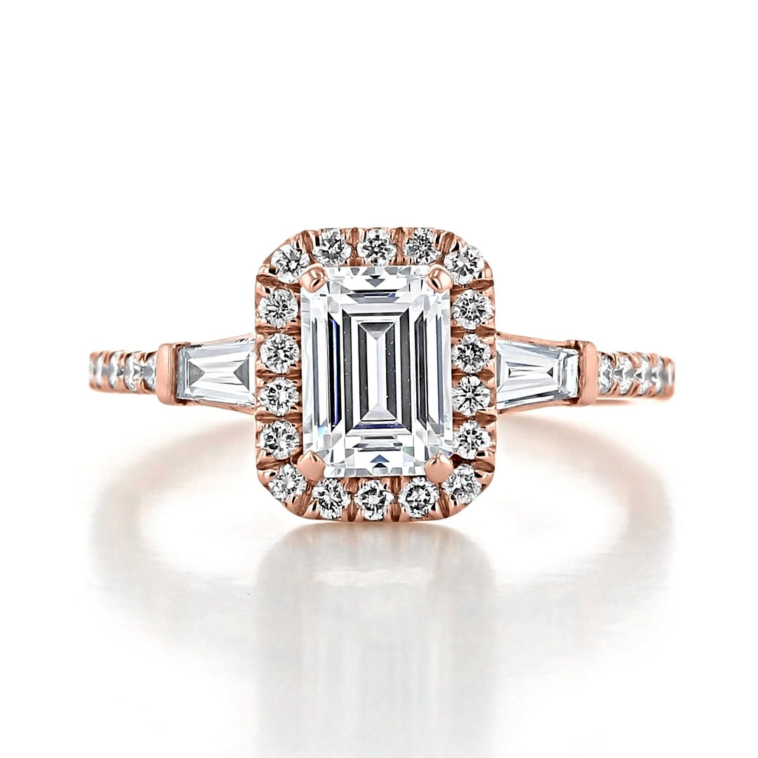 1.60ct Emerald Cut Gabriel Halo 4 Prong Moissanite Solitaire Engagement Ring