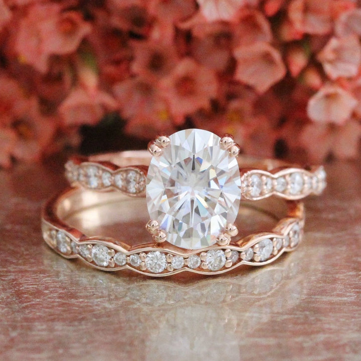2.0CT Oval Solitaire Cut Moissanite Halo Bridal Engagement Ring Set