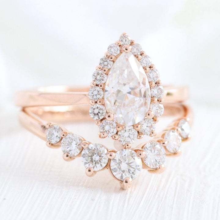 1.0CT Tiara Pear Cut Moissanite Halo Bridal Engagement Ring Set