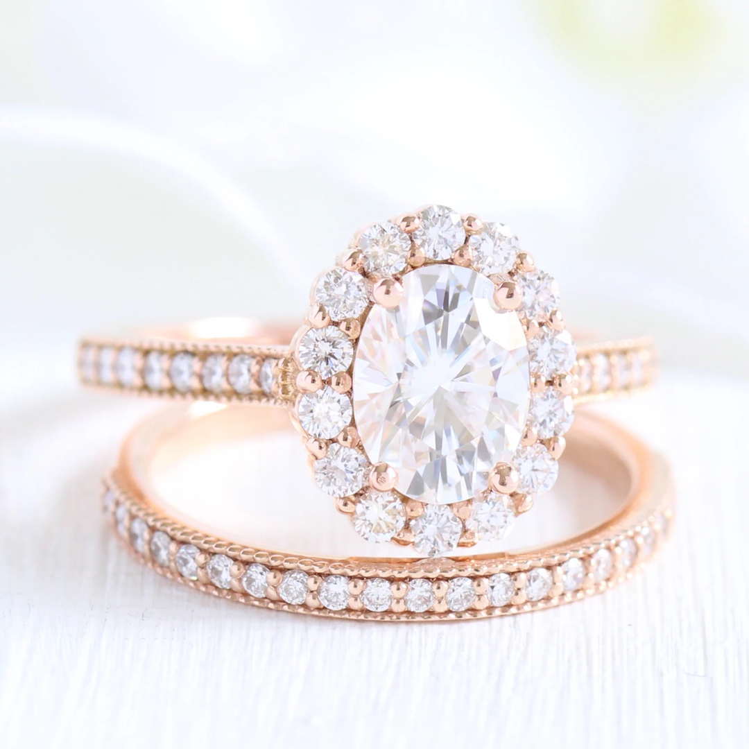 1.50CT Oval Cut Moissanite Luna Halo Bridal Engagement Ring Set