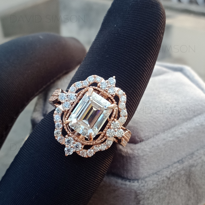 1.0CT Vintage Emerald Cut Diamond Moissanite Halo Engagement Ring
