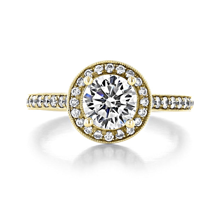 1.0CT Round Cut Halo Moissanite Engagement Ring in 18K Yellow Gold