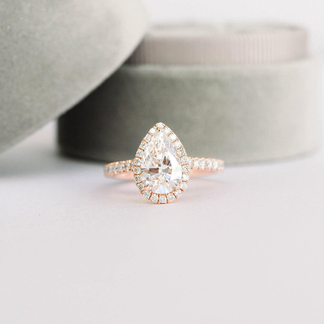 2.0CT Pear Cut Moissanite Halo Pave Diamond Engagement Ring