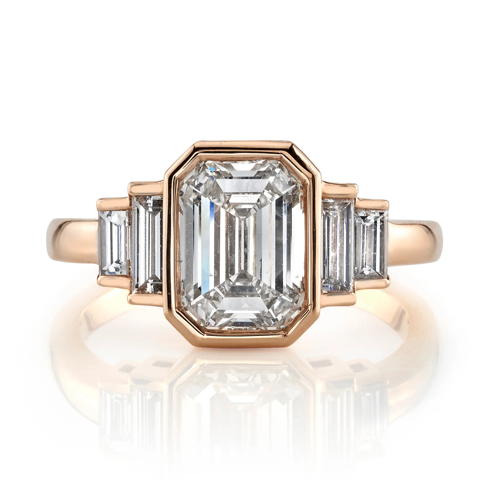 2.21ct Emerald Cut Bezel Five Diamond Moissanite Engagement Ring