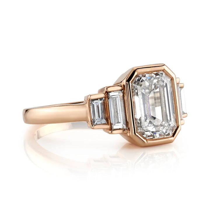 2.21ct Emerald Cut Bezel Five Diamond Moissanite Engagement Ring