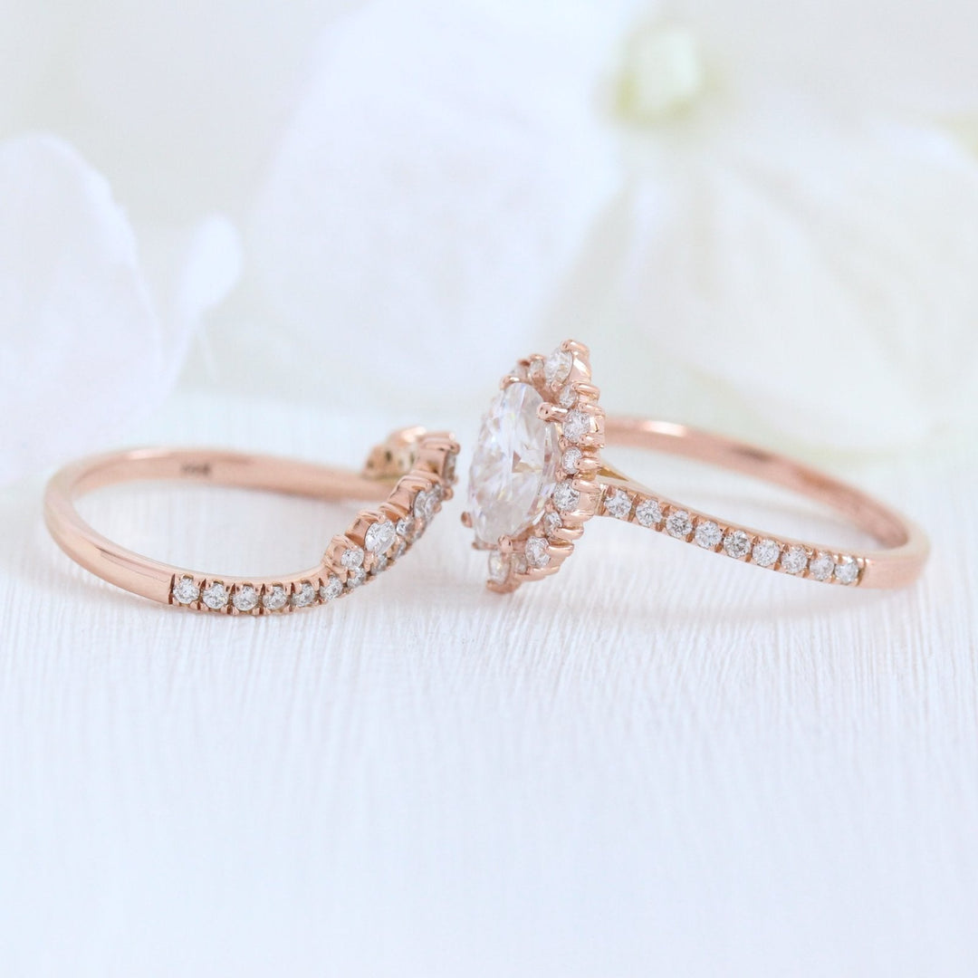 1.50CT Oval Cut Moissanite Tiara Halo Pave Bridal Engagement Ring Set