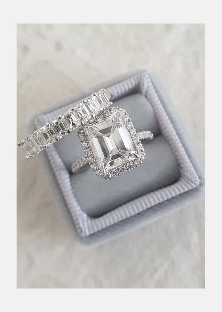 3.0ct Emerald Cut Moissanite Diamond Halo Engagement Ring