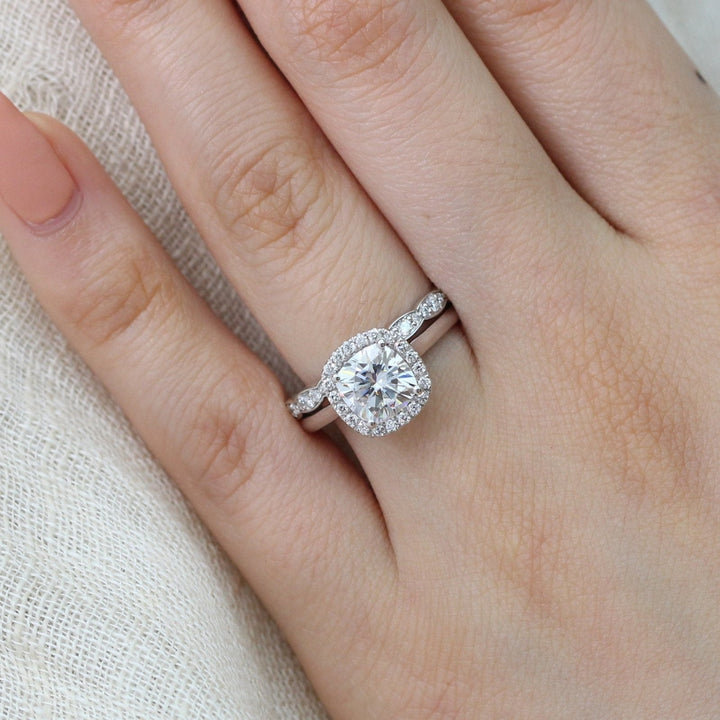 1.65CT Cushion Cut Moissanite Halo Bridal Engagement Ring Set